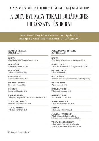A 2017. évi Nagy Tokaji Borárverés Borászatai és Borai